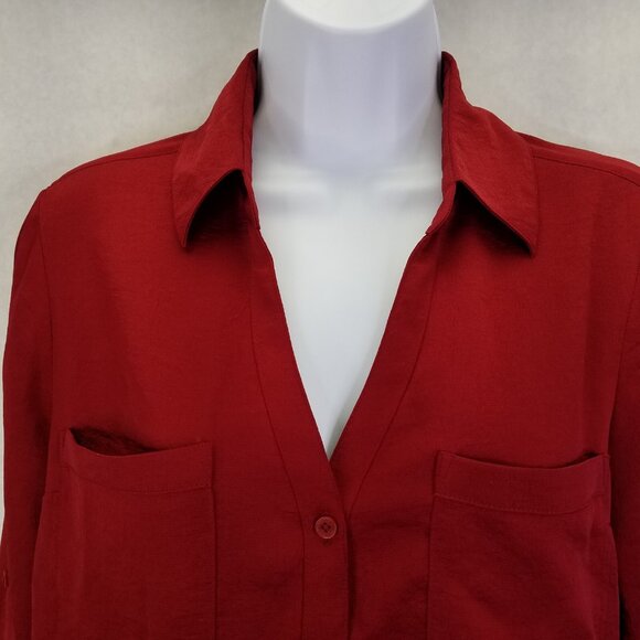 Express Portofino Button Up Camp Shirt Women's M Sleeve Slim Fit Red Pockets - Picture 2 of 12